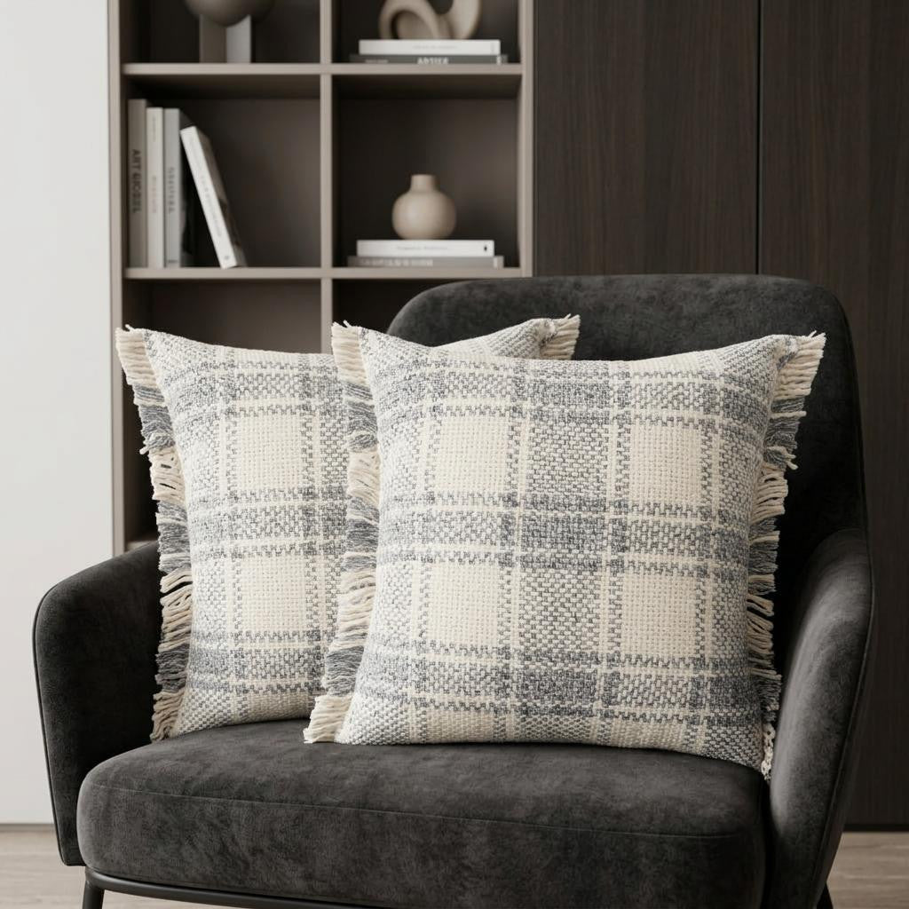 Set of Two 20 Off White And Gray Plaid Cotton Throw Pillows with Fringe