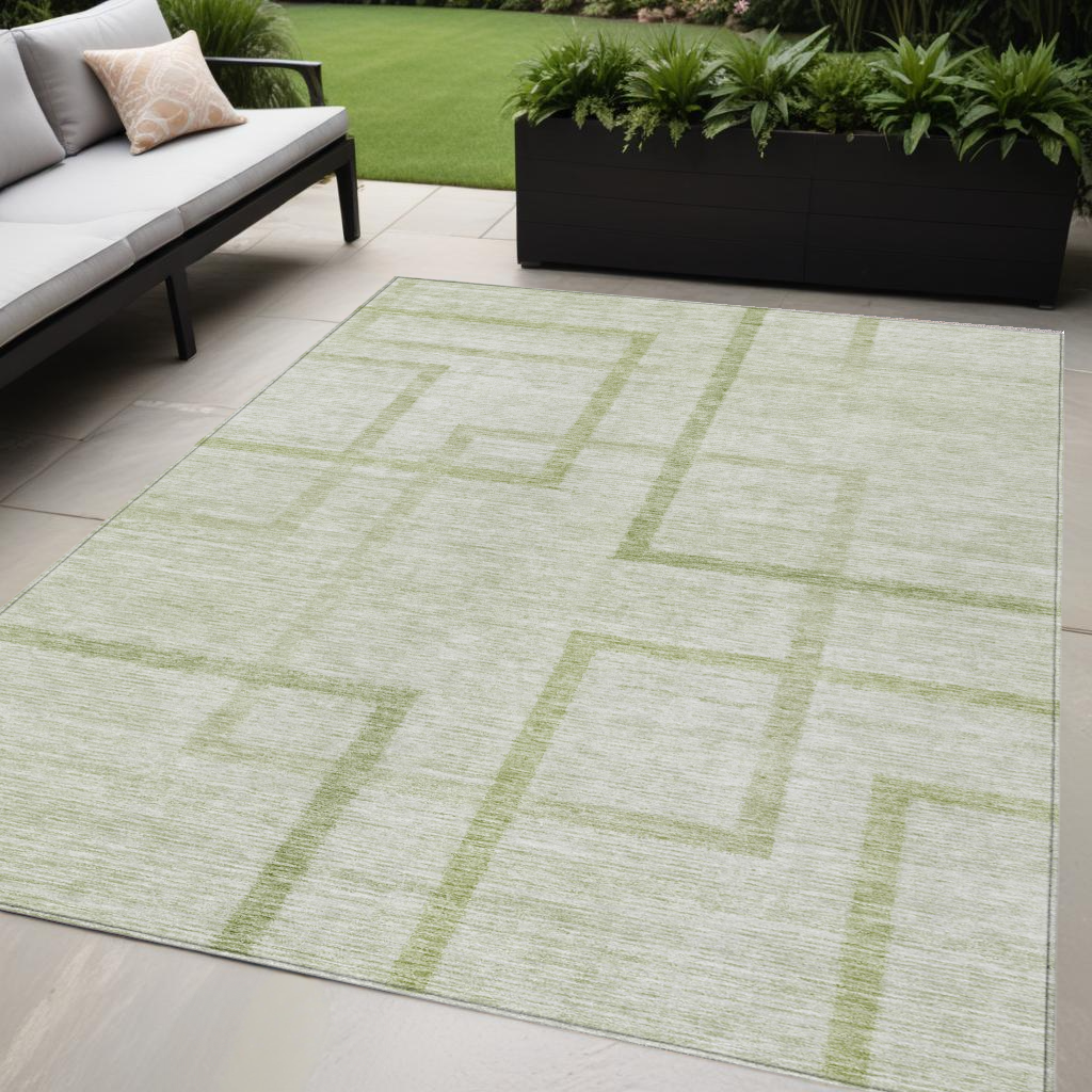 5' X 8' Artichoke Green And Green Geometric Washable Indoor Outdoor Area Rug
