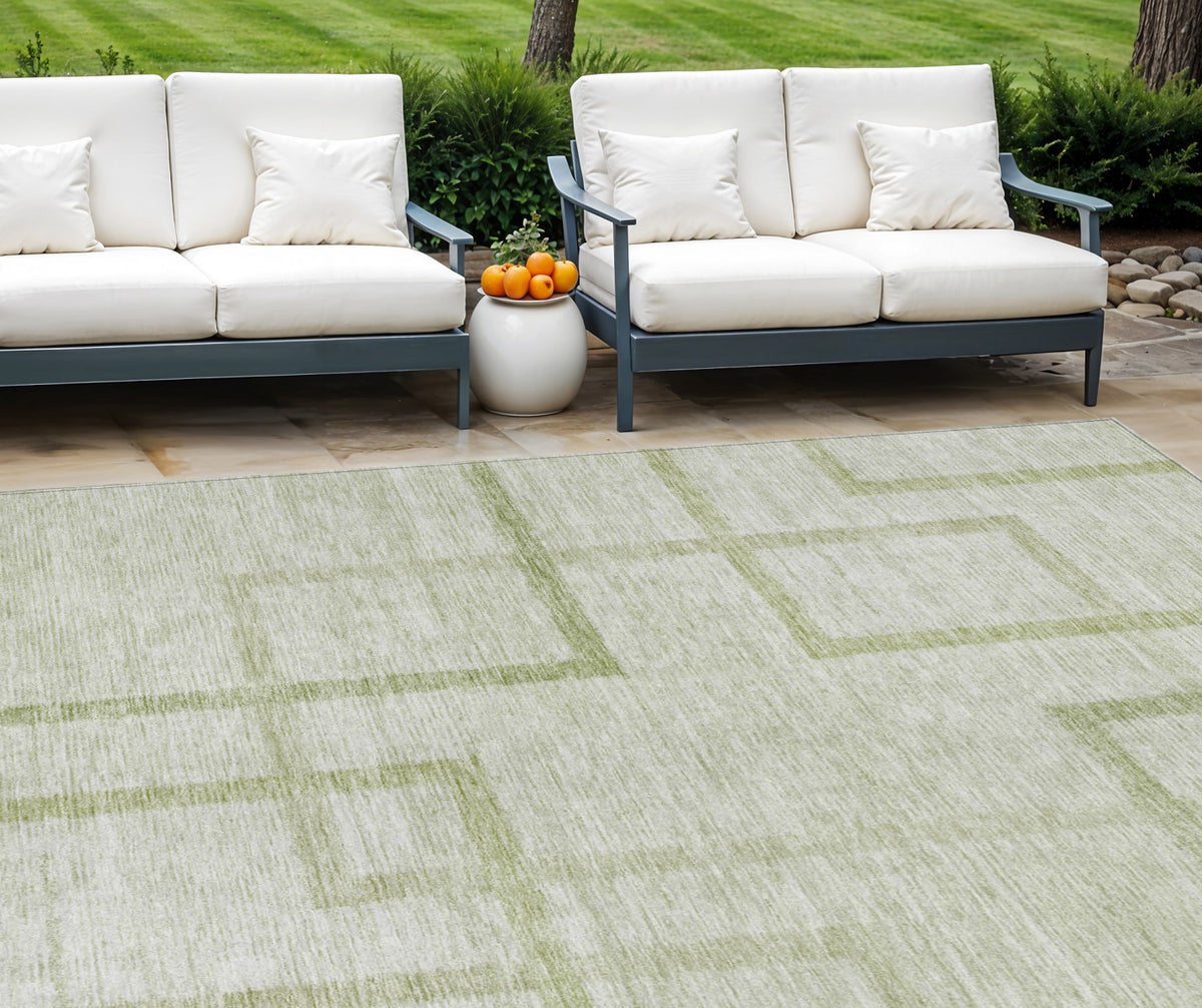 9' X 12' Artichoke Green And Green Geometric Washable Indoor Outdoor Area Rug