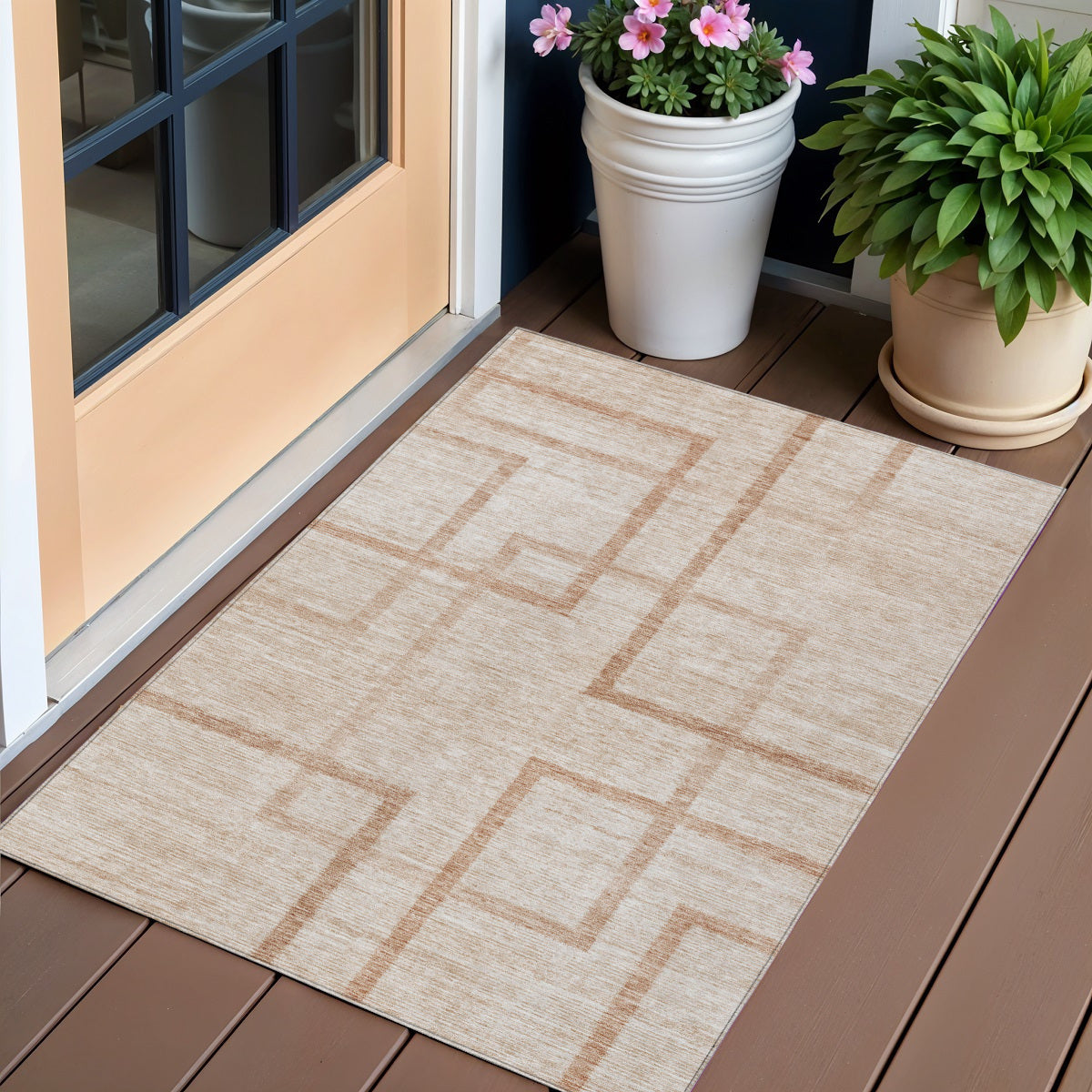 3' X 5' Copper And Brown Geometric Washable Indoor Outdoor Area Rug