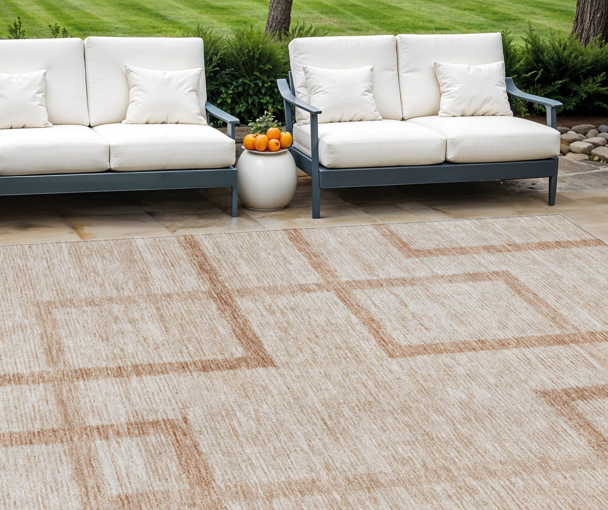 10' X 14' Copper And Brown Geometric Washable Indoor Outdoor Area Rug