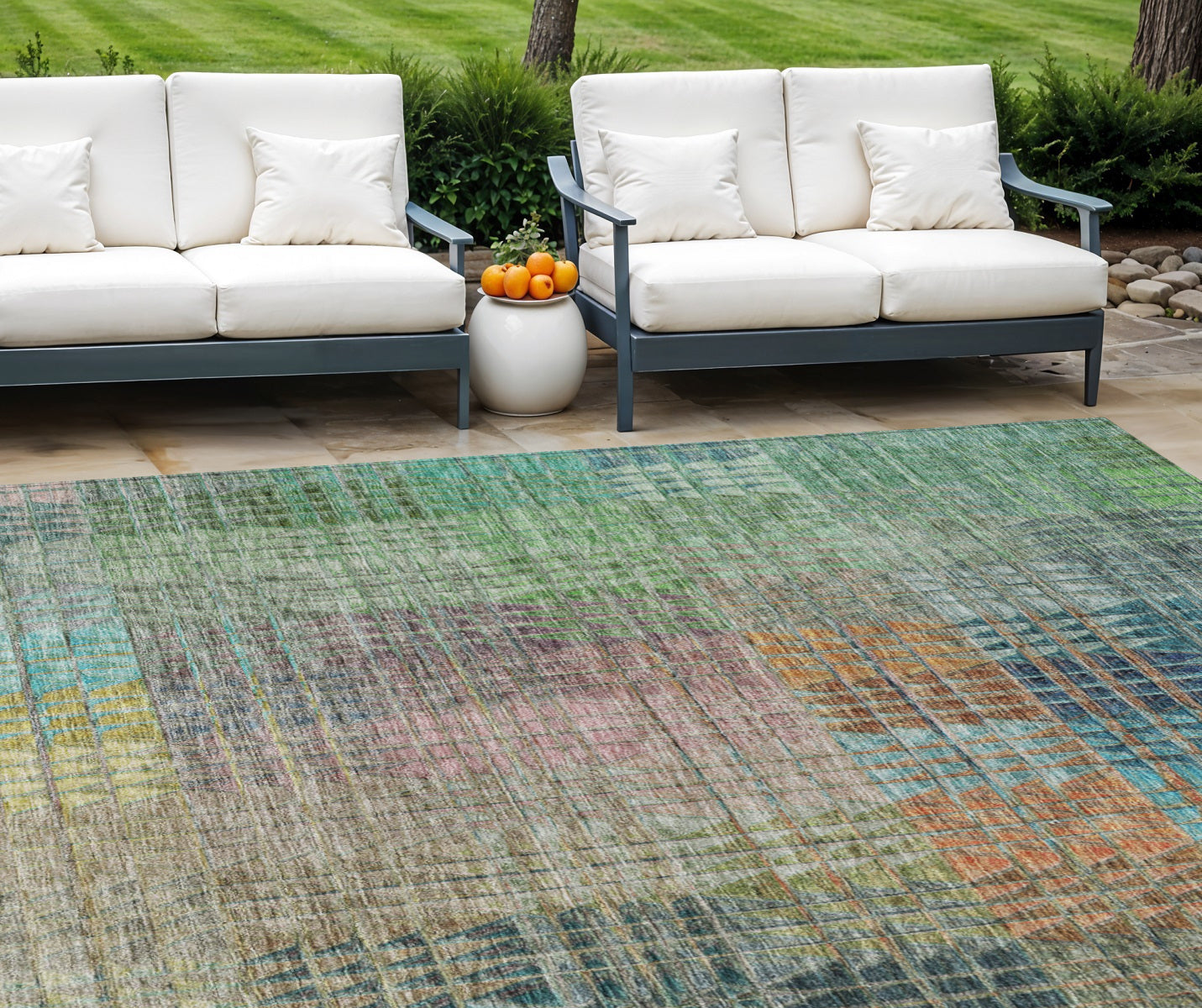 9' X 12' Green Gold And Teal Blue Abstract Washable Indoor Outdoor Area Rug