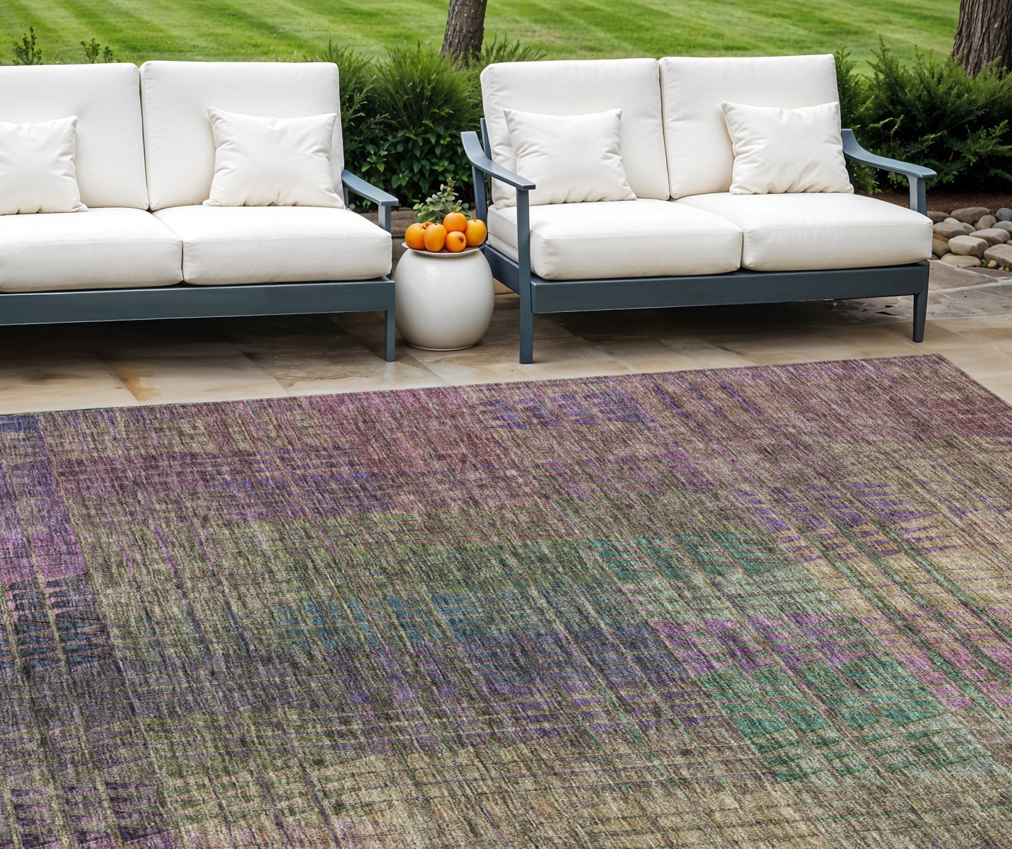 8' X 10' Plum Olive Green And Lavender Abstract Washable Indoor Outdoor Area Rug