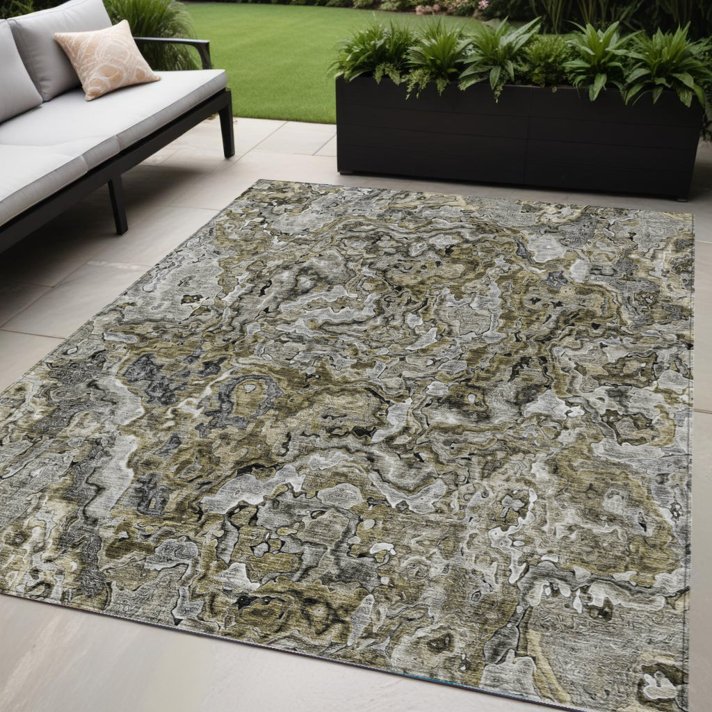 5' X 8' Brown Beige And Tan Abstract Washable Indoor Outdoor Area Rug