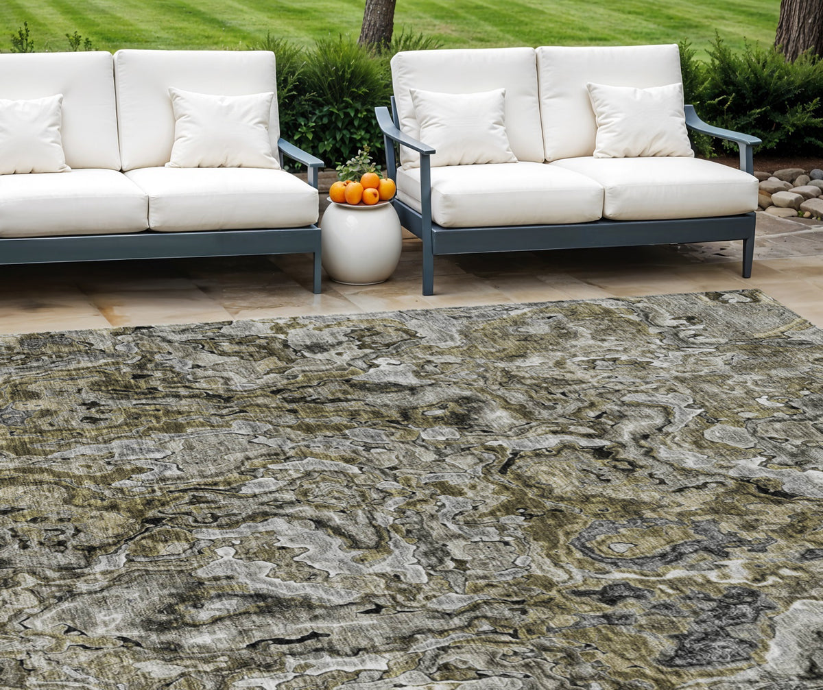 10' X 14' Brown Beige And Tan Abstract Washable Indoor Outdoor Area Rug