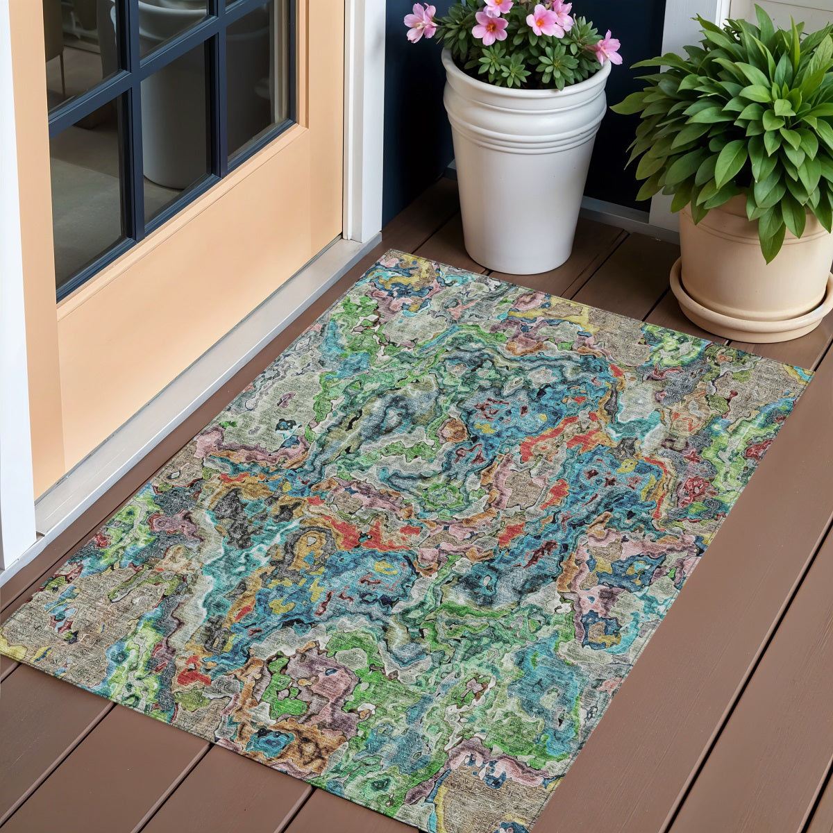 3' X 5' Orange And Teal Blue Abstract Washable Indoor Outdoor Area Rug