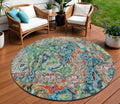8' Orange And Teal Blue Round Abstract Washable Indoor Outdoor Area Rug