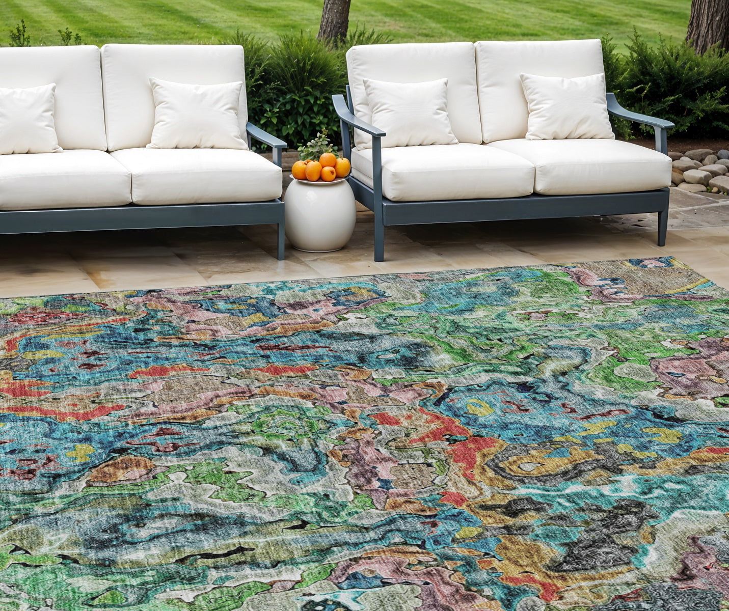 9' X 12' Orange And Teal Blue Abstract Washable Indoor Outdoor Area Rug