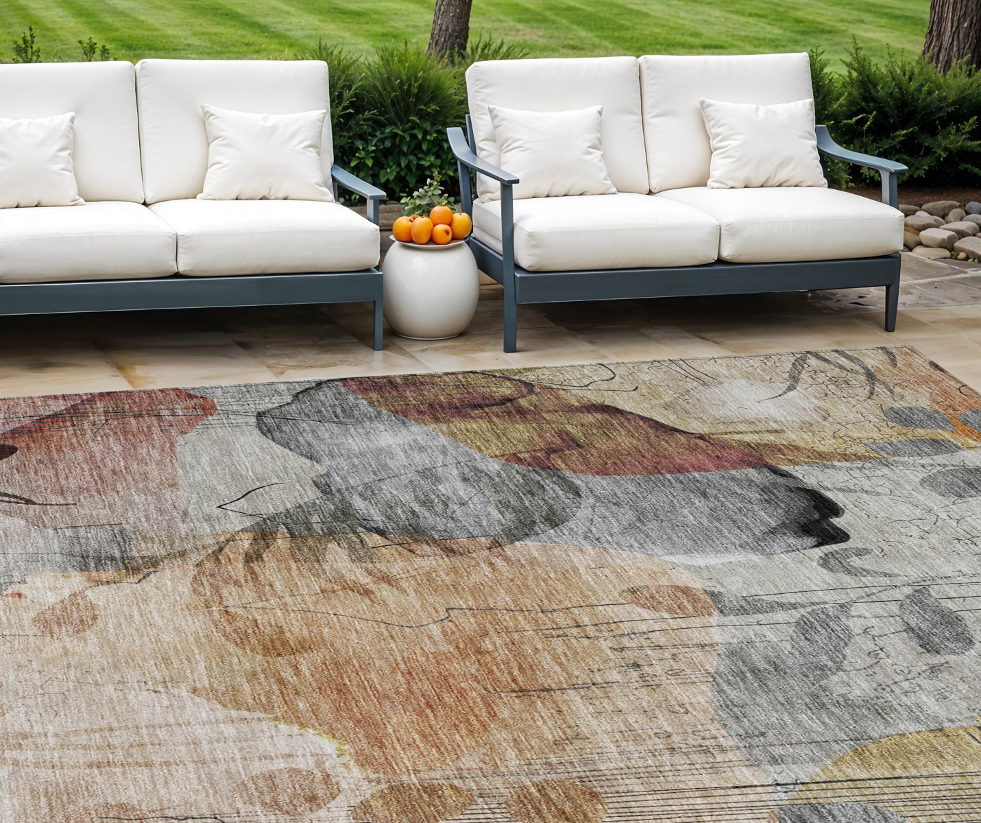 9' X 12' Terra Cotta Copper And Beige Floral Washable Indoor Outdoor Area Rug