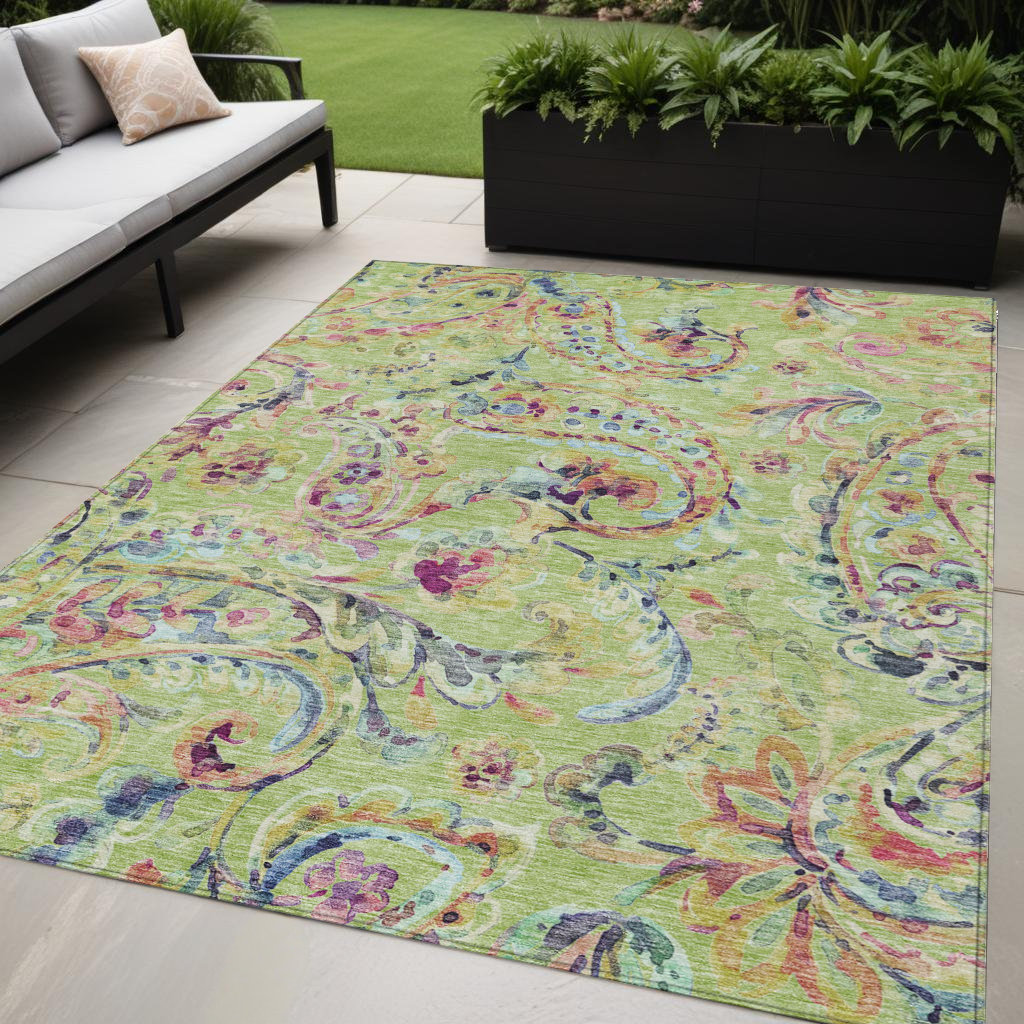 5' X 8' Artichoke Green And Pink Paisley Washable Indoor Outdoor Area Rug