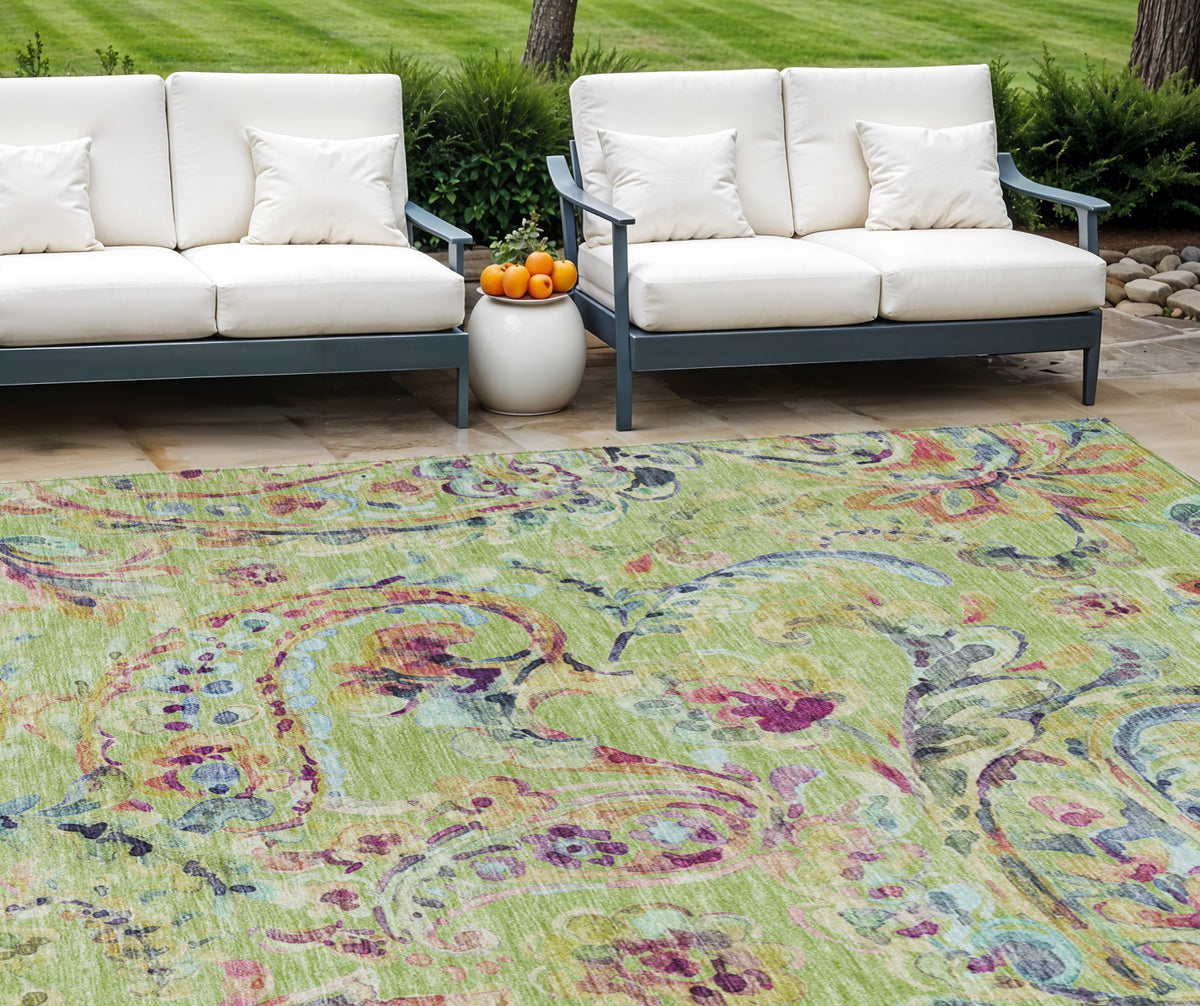 9' X 12' Artichoke Green And Pink Paisley Washable Indoor Outdoor Area Rug