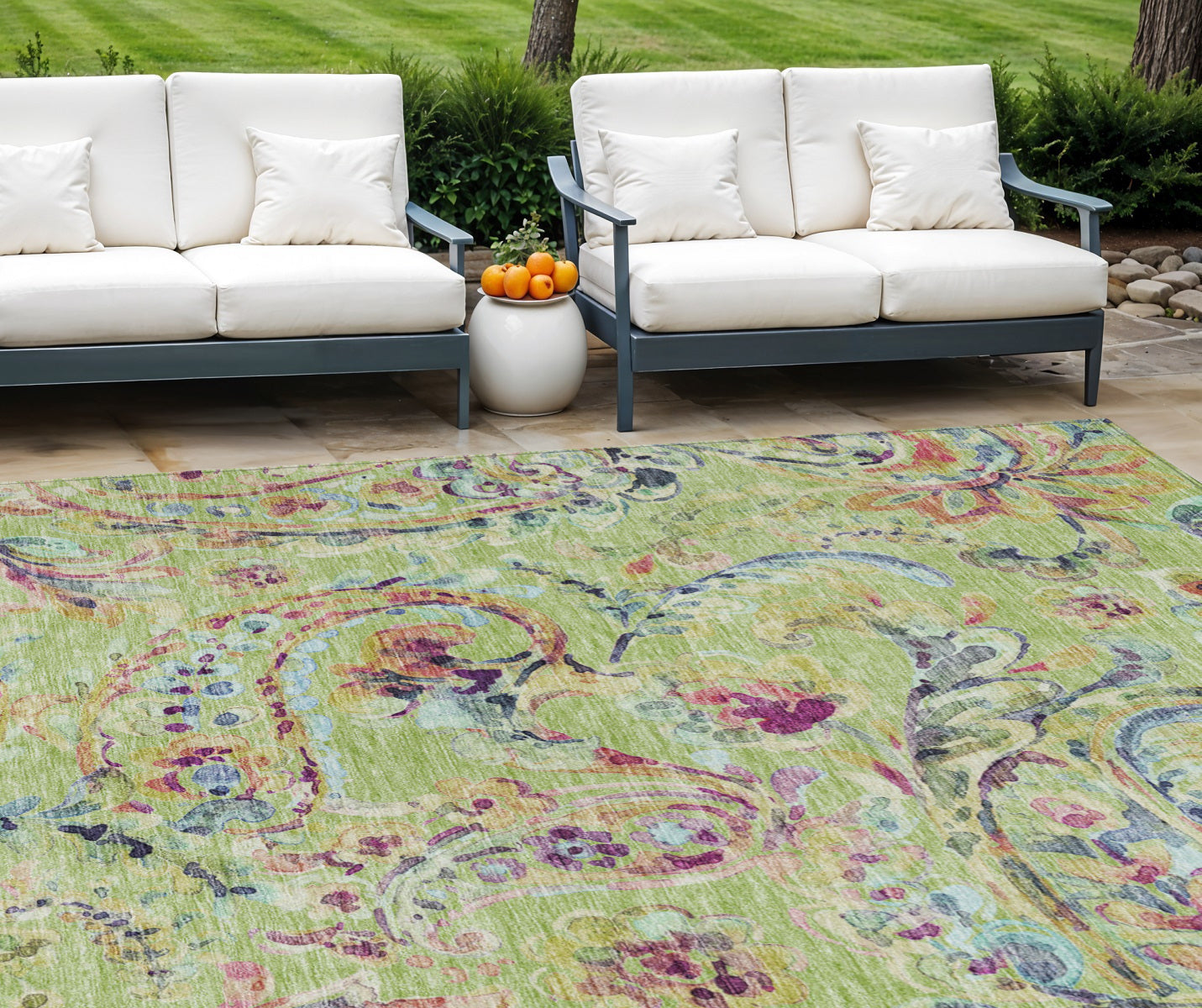 9' X 12' Artichoke Green And Pink Paisley Washable Indoor Outdoor Area Rug
