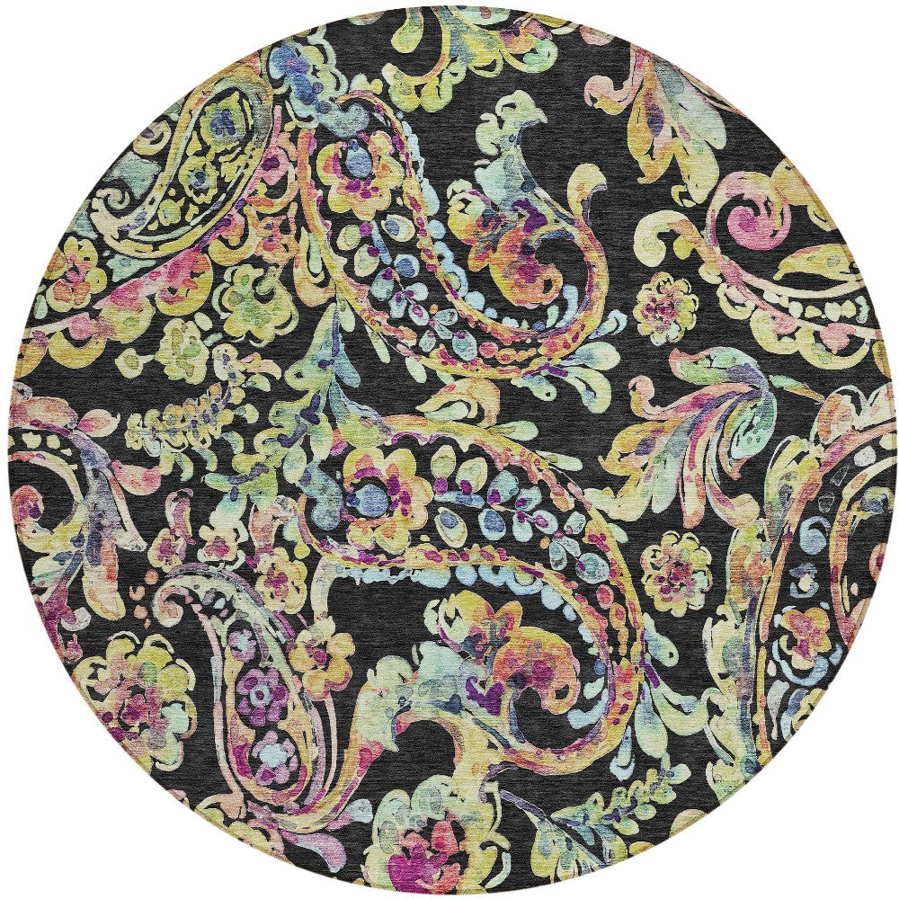 8' Black And Artichoke Green Round Paisley Washable Indoor Outdoor Area Rug