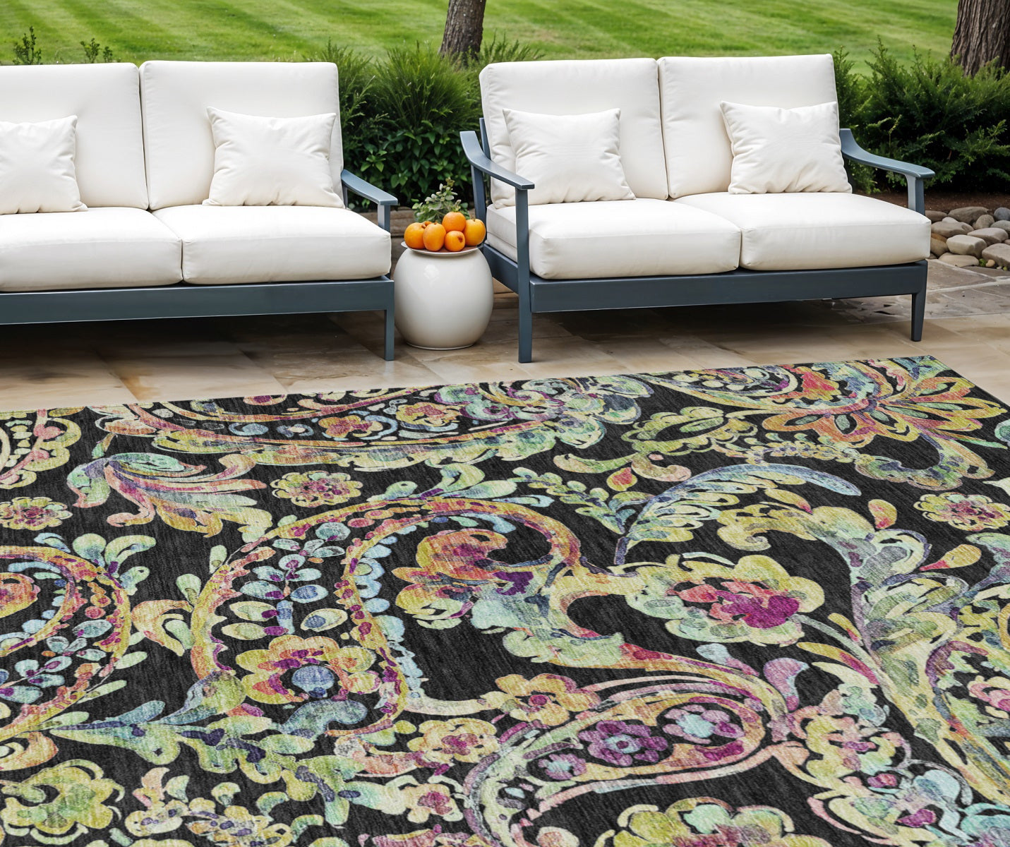 10' X 14' Black And Artichoke Green Paisley Washable Indoor Outdoor Area Rug