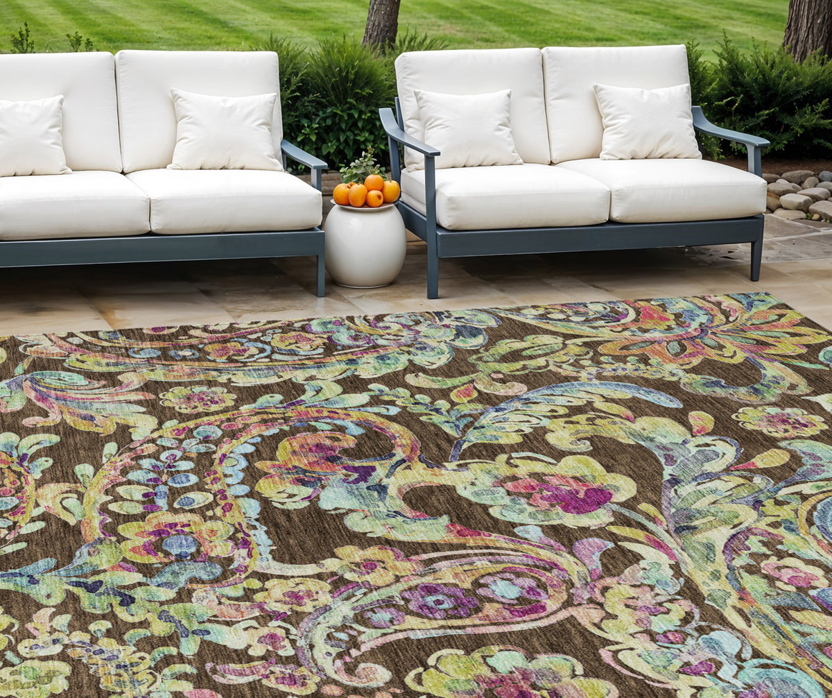 9' X 12' Chocolate And Artichoke Green Paisley Washable Indoor Outdoor Area Rug