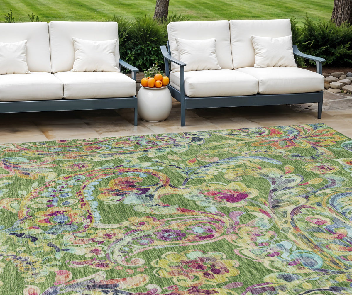 10' X 14' Fern Green And Artichoke Green Paisley Washable Indoor Outdoor Area Rug