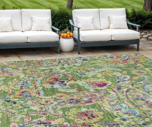 10' X 14' Fern Green And Artichoke Green Paisley Washable Indoor Outdoor Area Rug
