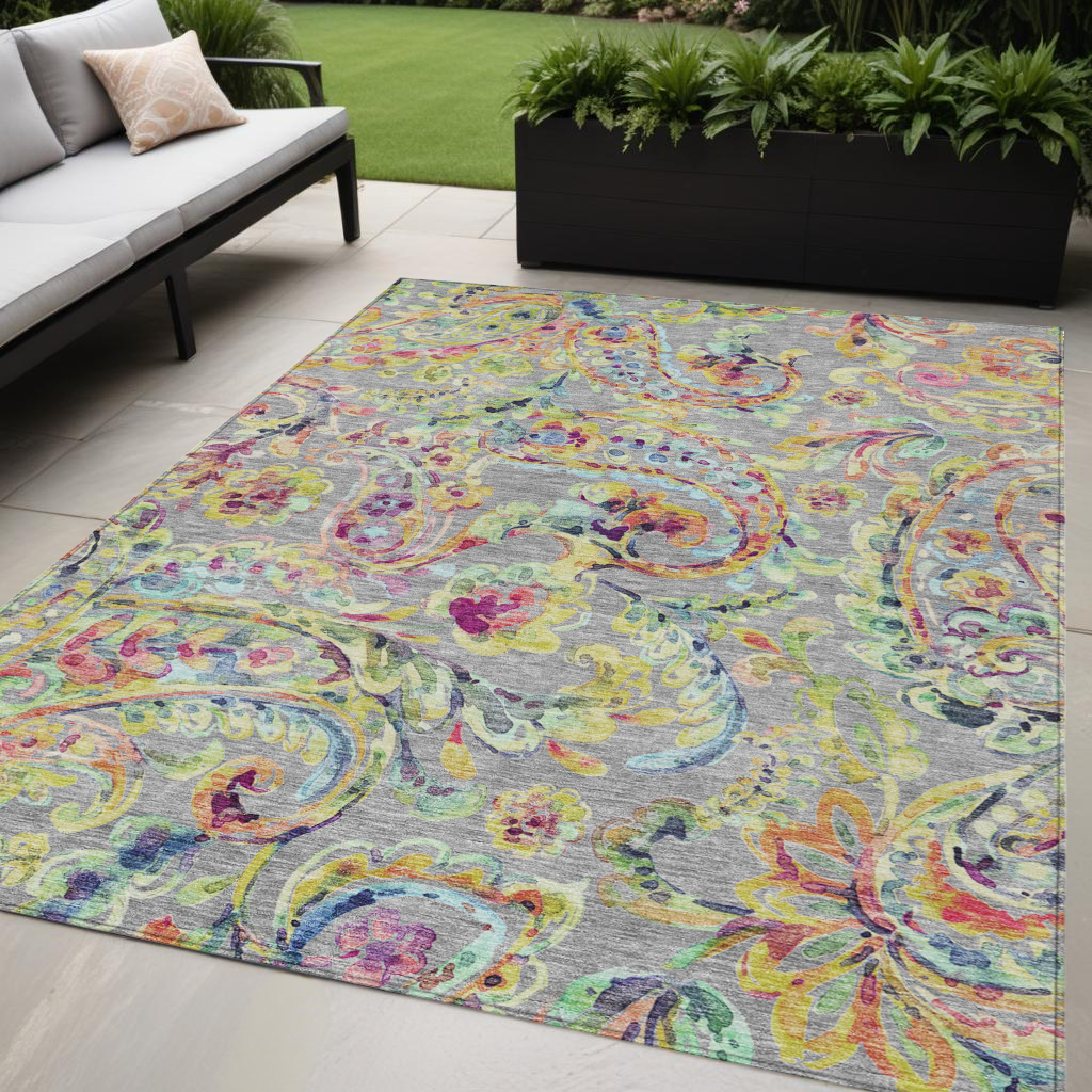 5' X 8' Gray Fern Green And Artichoke Green Paisley Washable Indoor Outdoor Area Rug