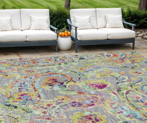 10' X 14' Gray Fern Green And Artichoke Green Paisley Washable Indoor Outdoor Area Rug