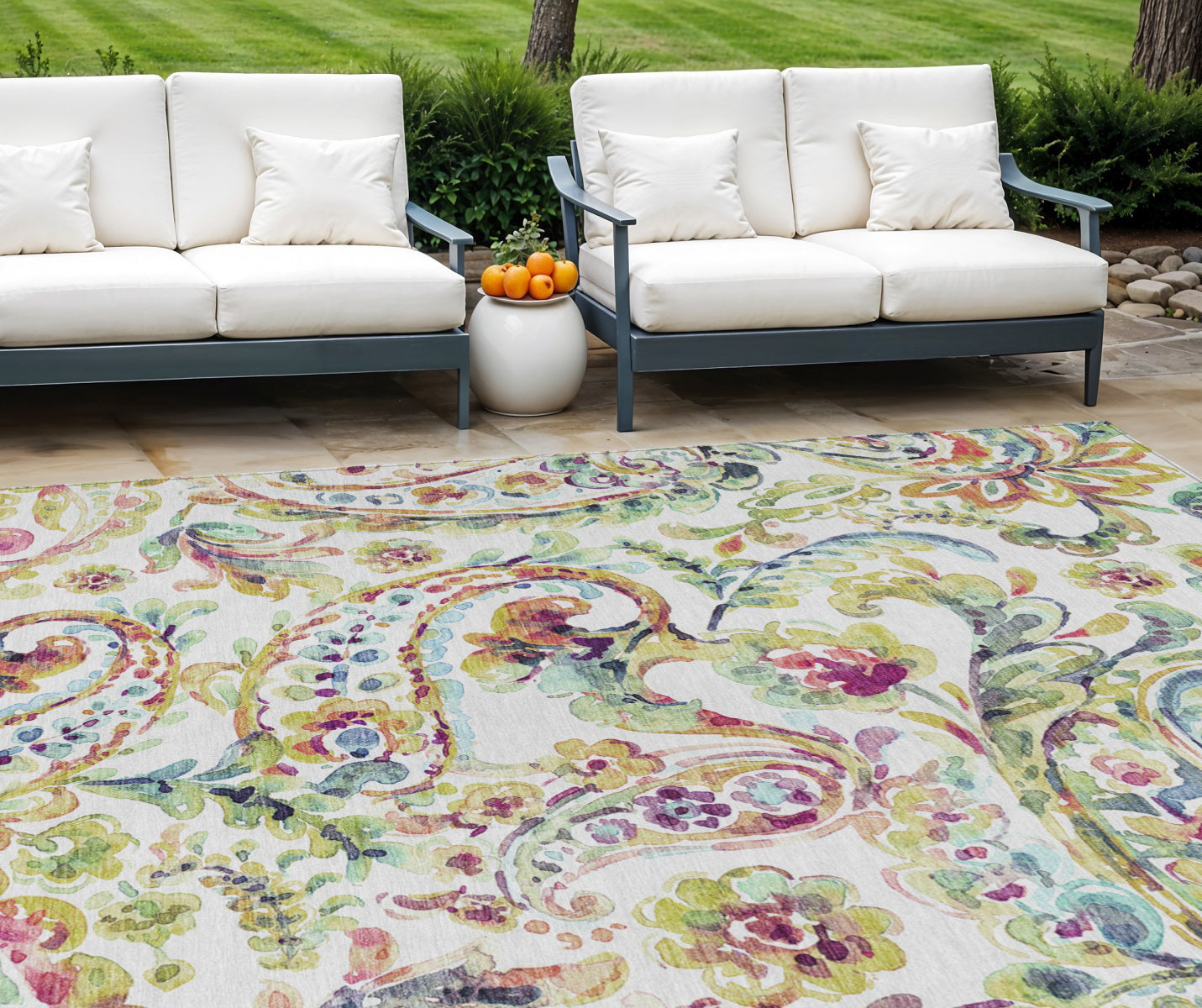 9' X 12' Ivory Fern Green And Artichoke Green Paisley Washable Indoor Outdoor Area Rug