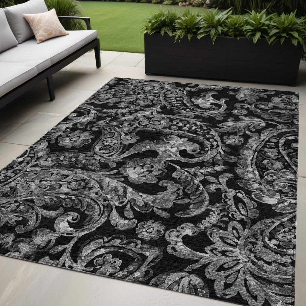 5' X 8' Black Gray And Charcoal Paisley Washable Indoor Outdoor Area Rug