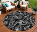 8' Black Gray And Charcoal Round Paisley Washable Indoor Outdoor Area Rug