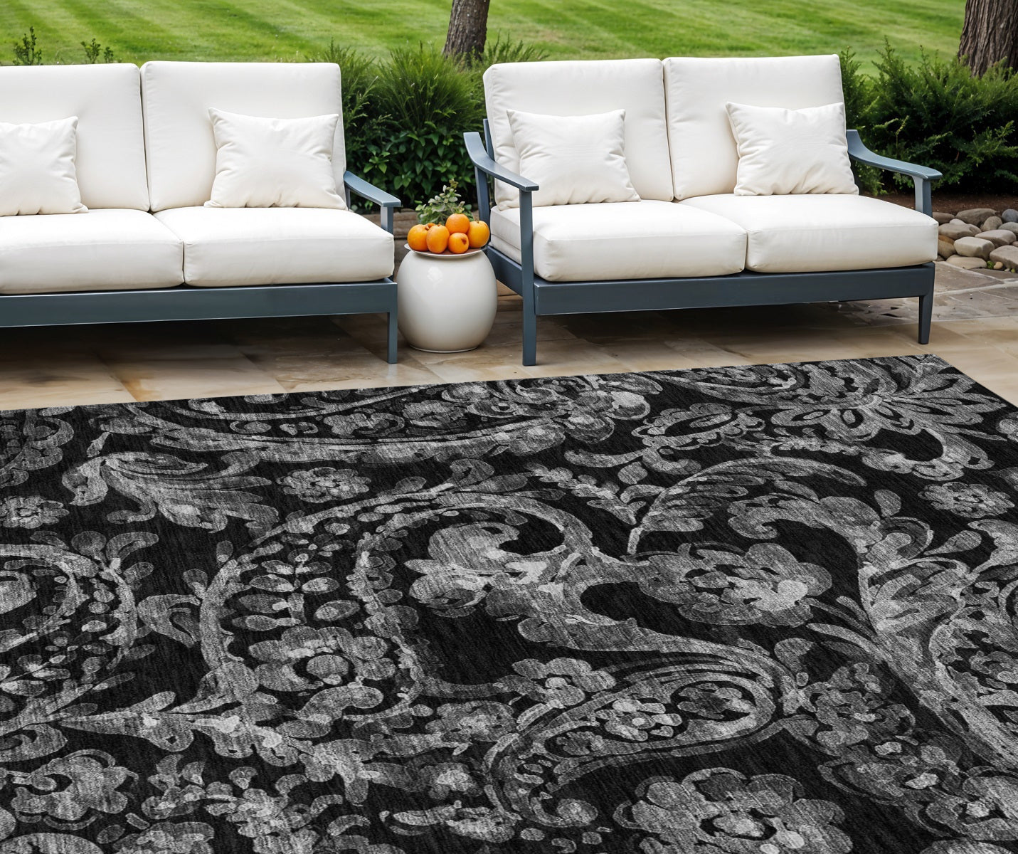 10' X 14' Black Gray And Charcoal Paisley Washable Indoor Outdoor Area Rug