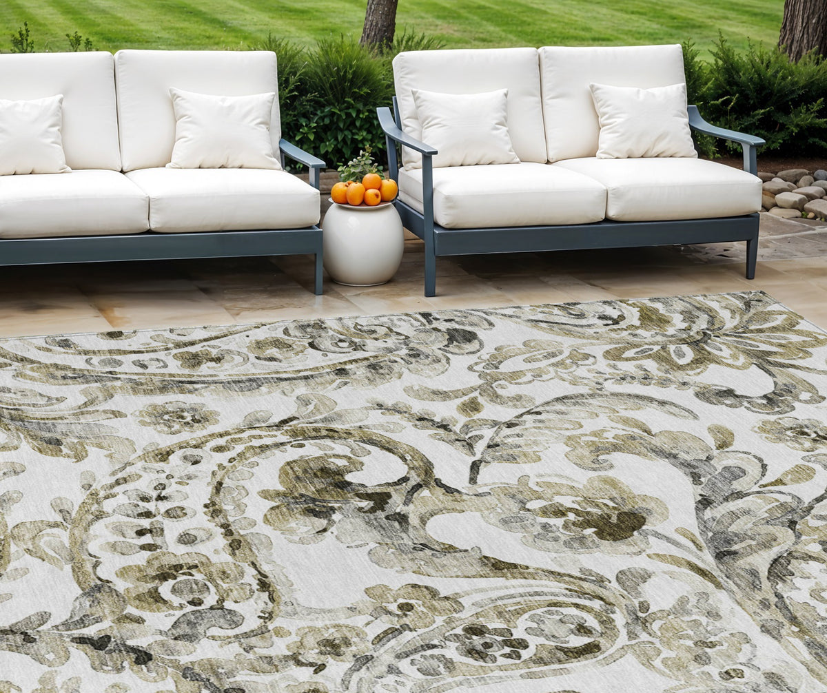 10' X 14' Brown Ivory And Tan Paisley Washable Indoor Outdoor Area Rug