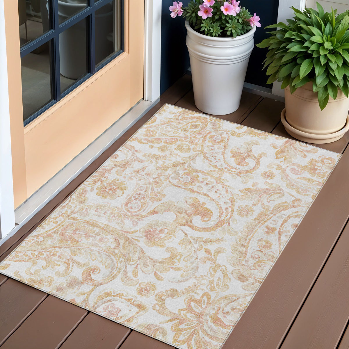 3' X 5' Coral Ivory And Peach Paisley Washable Indoor Outdoor Area Rug