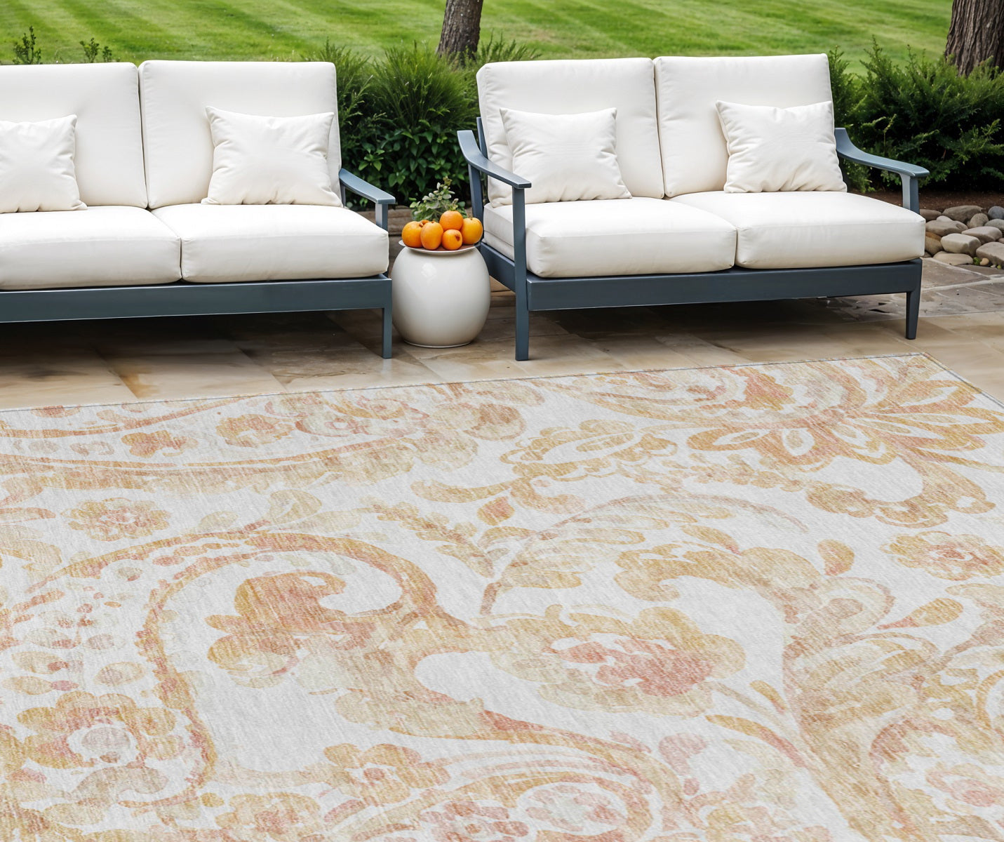 9' X 12' Coral Ivory And Peach Paisley Washable Indoor Outdoor Area Rug
