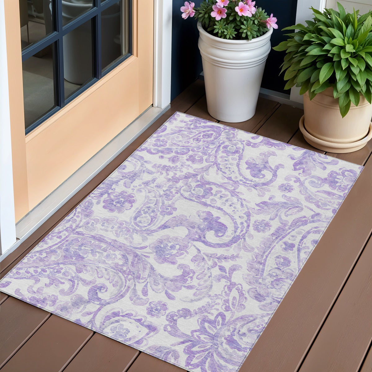 3' X 5' Lavender Ivory And Purple Paisley Washable Indoor Outdoor Area Rug