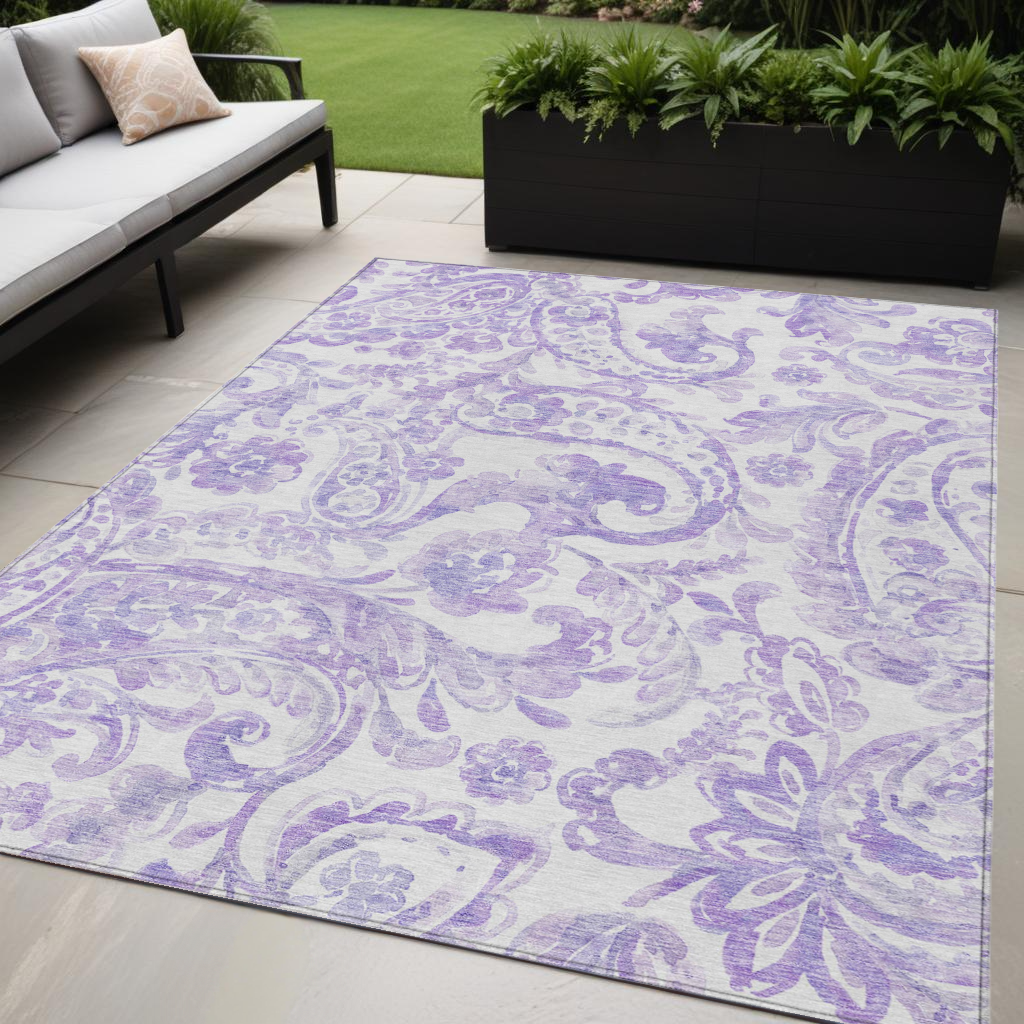 5' X 8' Lavender Ivory And Purple Paisley Washable Indoor Outdoor Area Rug