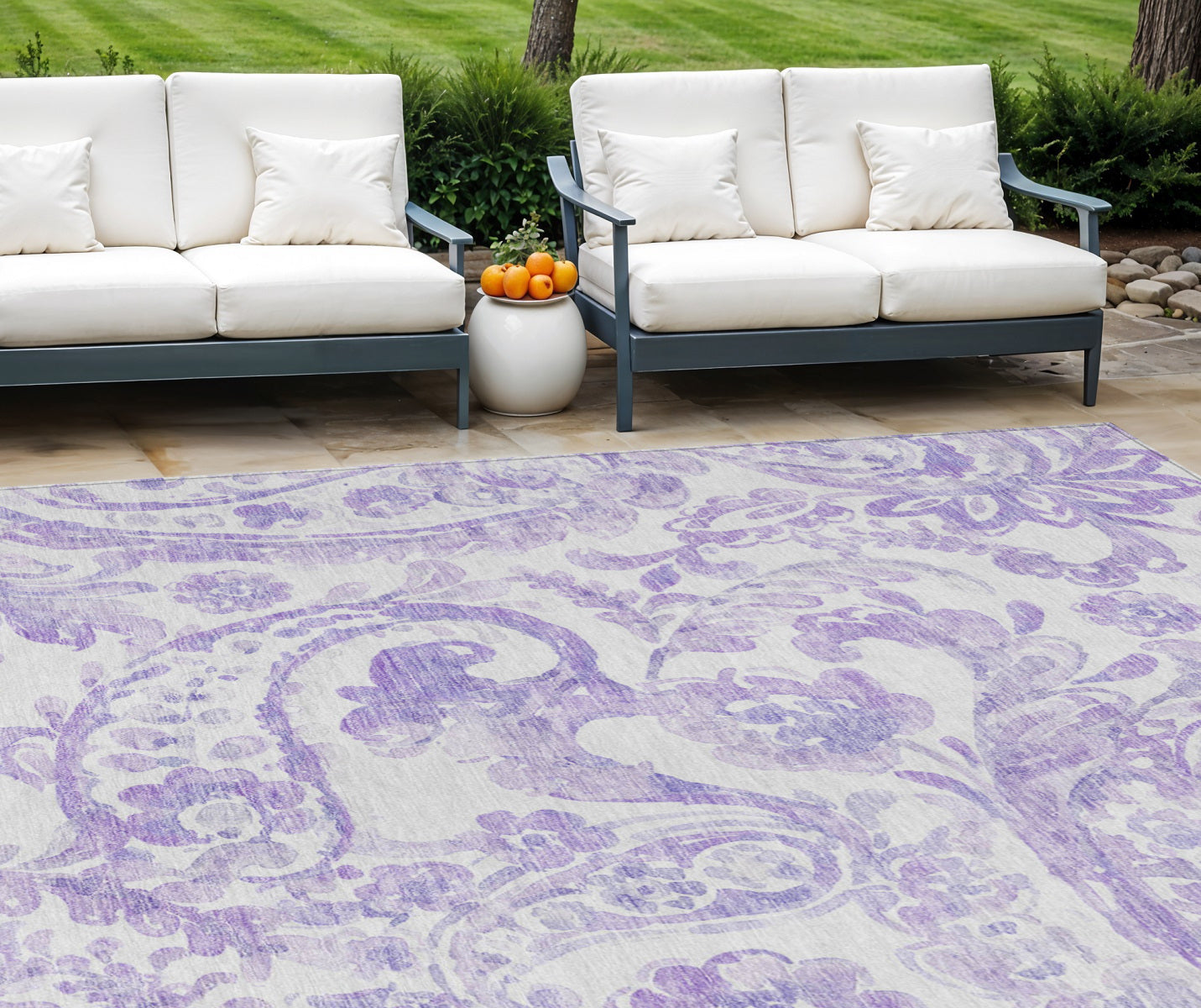 9' X 12' Lavender Ivory And Purple Paisley Washable Indoor Outdoor Area Rug