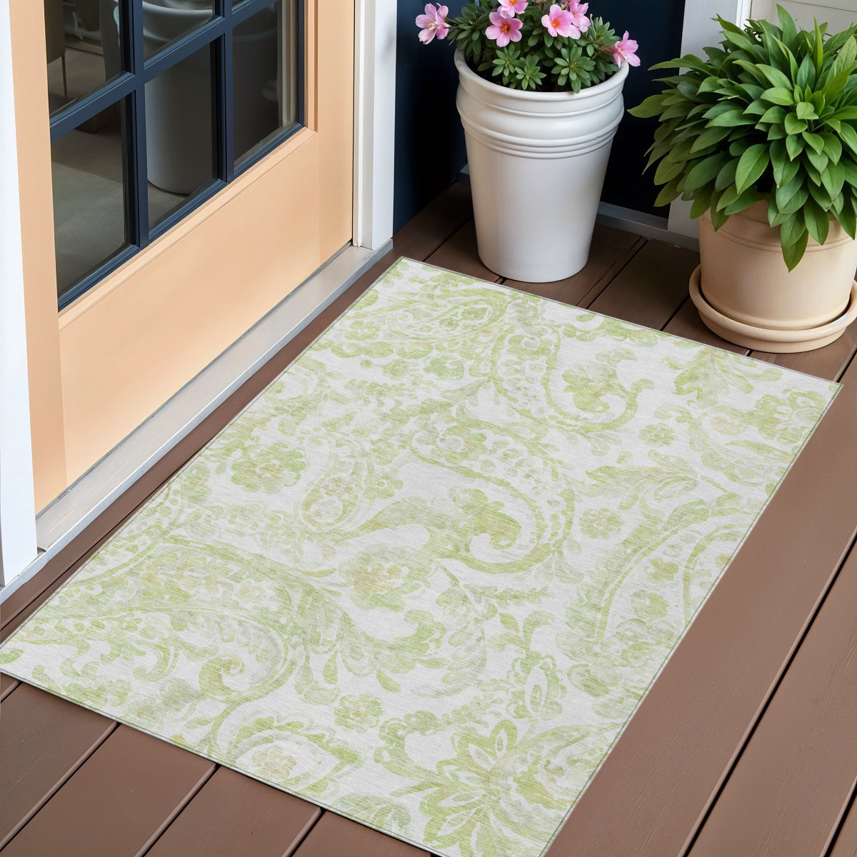 3' X 5' Sage Green And Ivory Paisley Washable Indoor Outdoor Area Rug