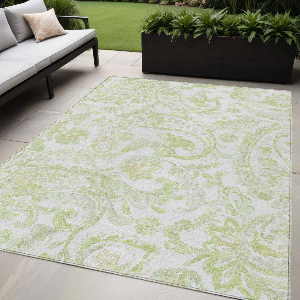 5' X 8' Sage Green And Ivory Paisley Washable Indoor Outdoor Area Rug
