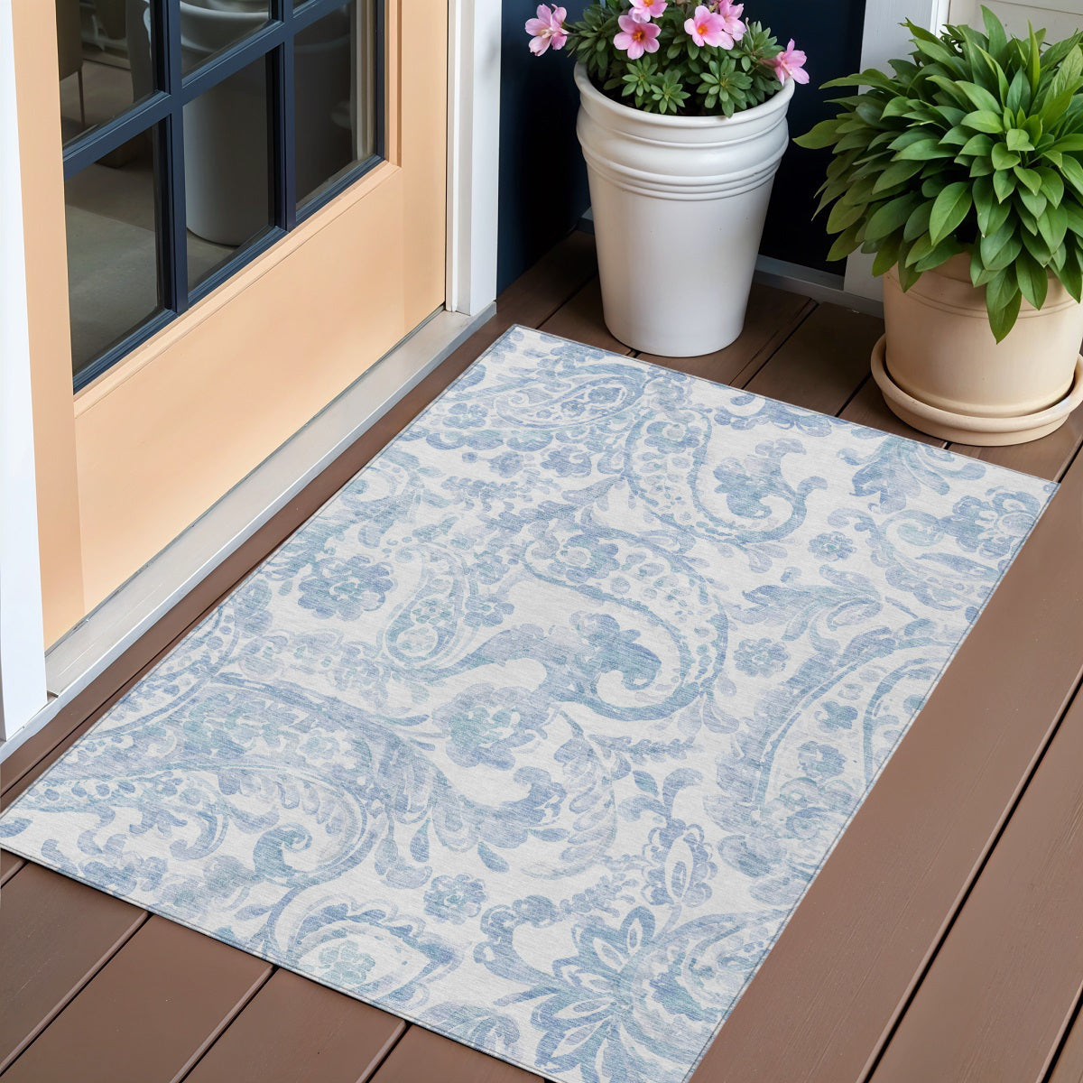 3' X 5' Sky Blue Denim Blue And Ivory Paisley Washable Indoor Outdoor Area Rug
