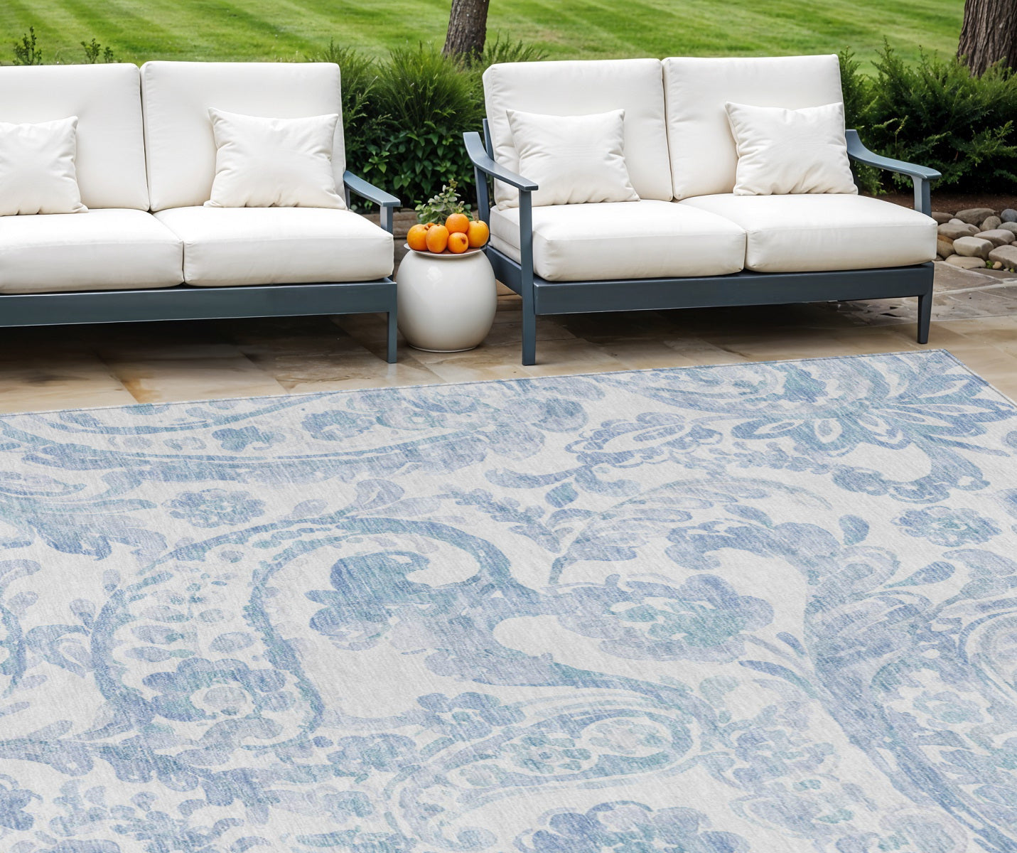 9' X 12' Sky Blue Denim Blue And Ivory Paisley Washable Indoor Outdoor Area Rug