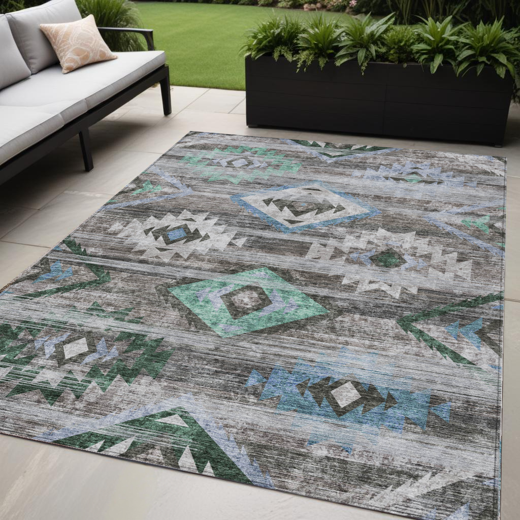 5' X 8' Brown Beige And Blue Southwestern Washable Indoor Outdoor Area Rug