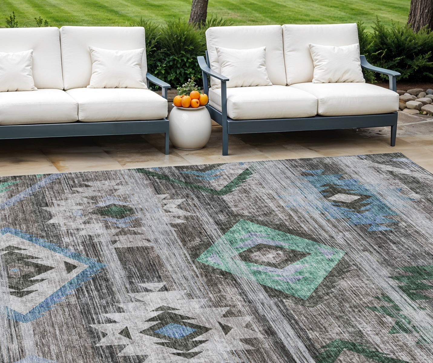 10' X 14' Brown Beige And Blue Southwestern Washable Indoor Outdoor Area Rug