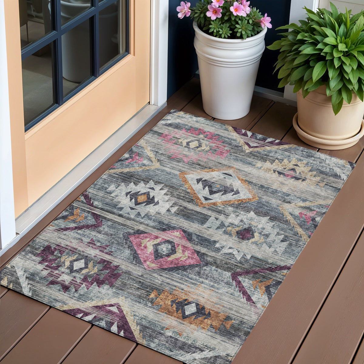 3' X 5' Gray Charcoal And Silver Southwestern Washable Indoor Outdoor Area Rug