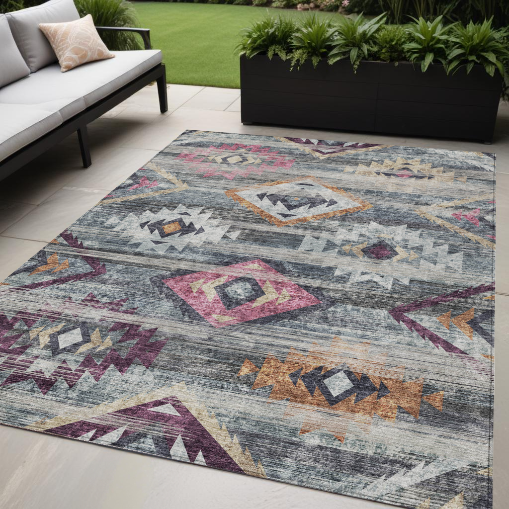 5' X 8' Gray Charcoal And Silver Southwestern Washable Indoor Outdoor Area Rug