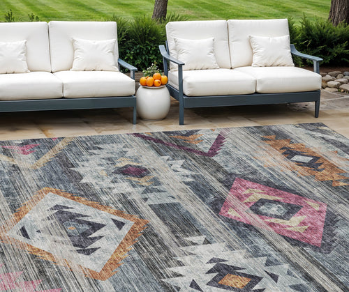 10' X 14' Gray Charcoal And Silver Southwestern Washable Indoor Outdoor Area Rug