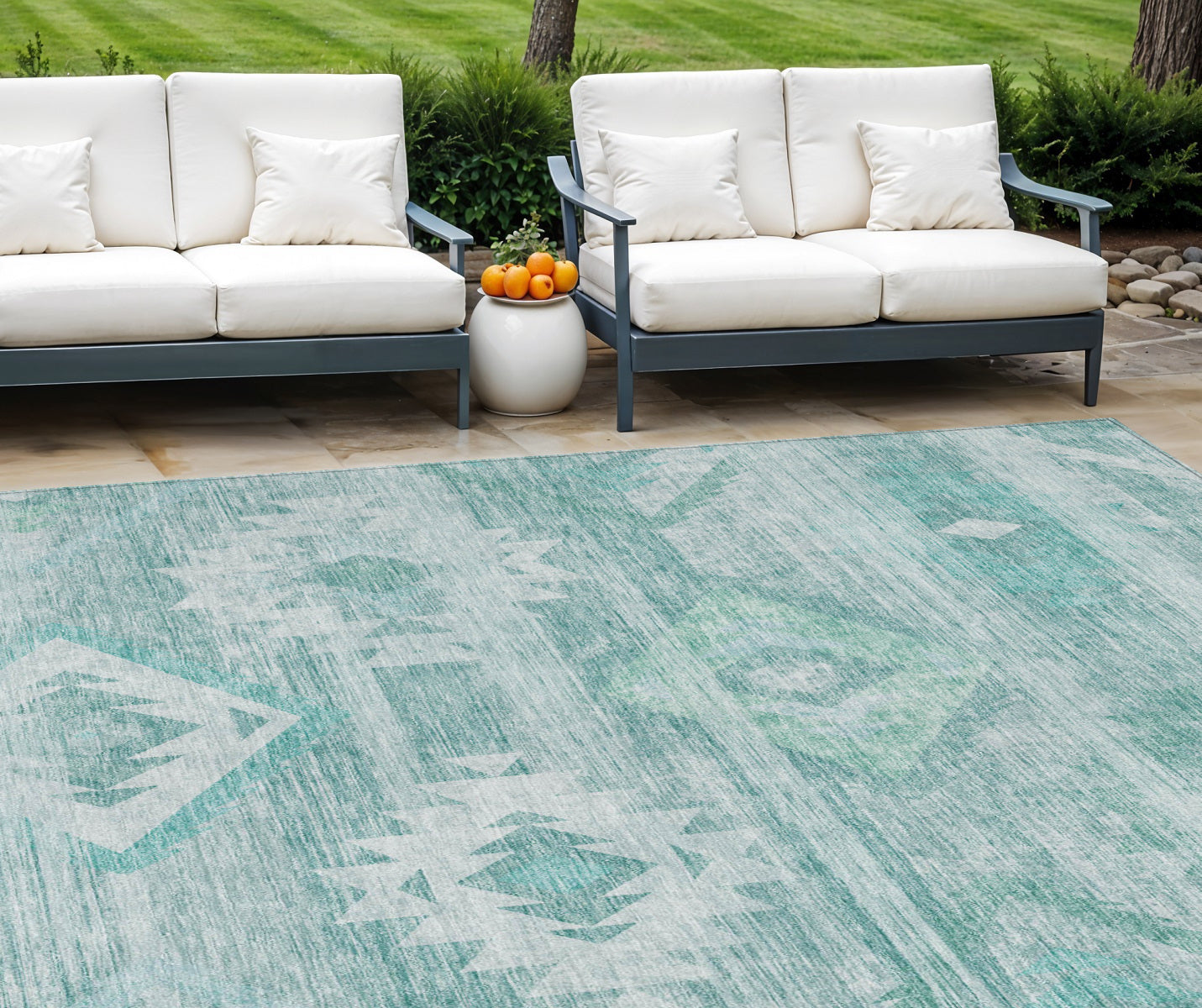 10' X 14' Aqua Turquoise And Ivory Southwestern Washable Indoor Outdoor Area Rug