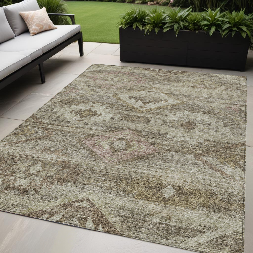 5' X 8' Brown Beige And Tan Southwestern Washable Indoor Outdoor Area Rug