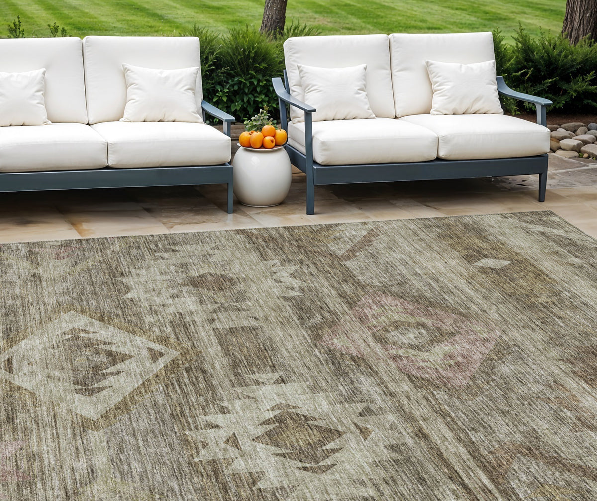 10' X 14' Brown Beige And Tan Southwestern Washable Indoor Outdoor Area Rug