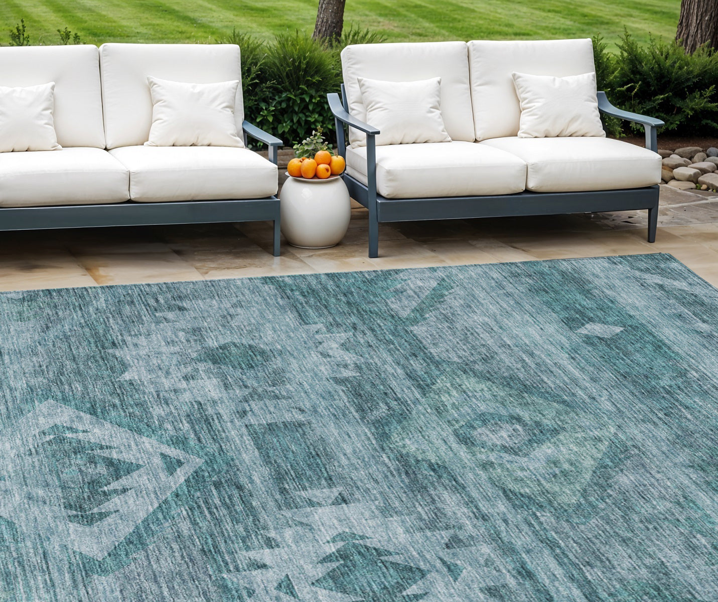 9' X 12' Teal Blue And Aqua Southwestern Washable Indoor Outdoor Area Rug