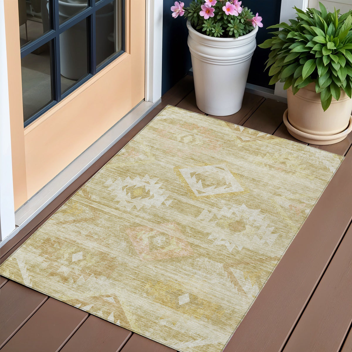 3' X 5' Wheat Gold And Beige Southwestern Washable Indoor Outdoor Area Rug