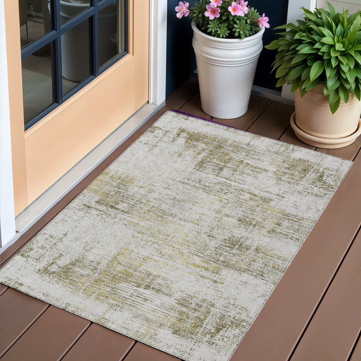 3' X 5' Pearl Ivory And Gold Abstract Washable Indoor Outdoor Area Rug