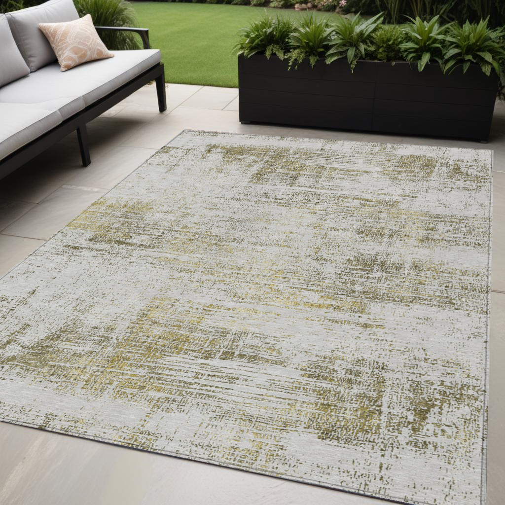 5' X 8' Pearl Ivory And Gold Abstract Washable Indoor Outdoor Area Rug
