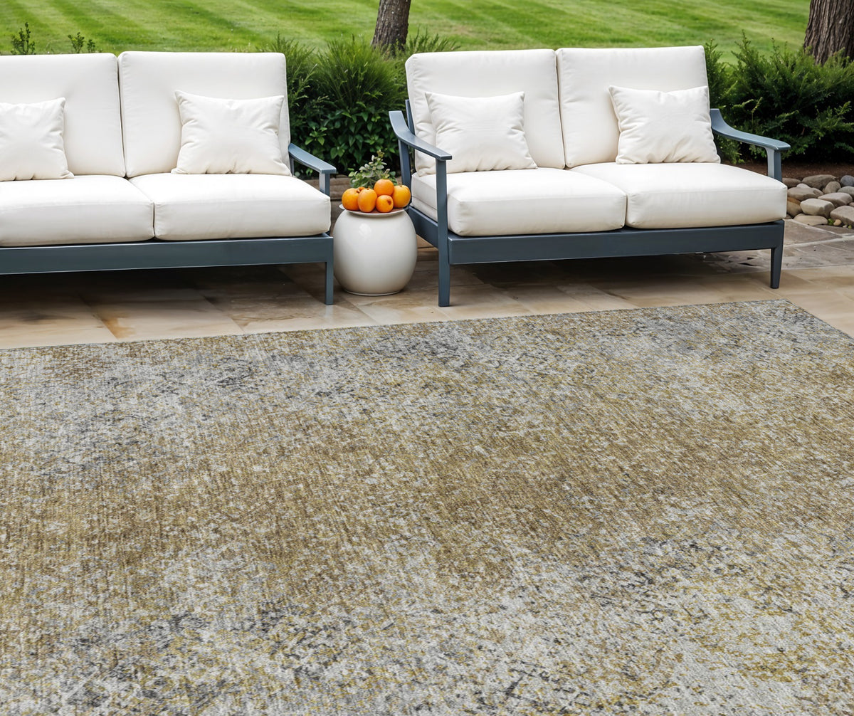 10' X 14' Brown Beige And Charcoal Oriental Washable Indoor Outdoor Area Rug